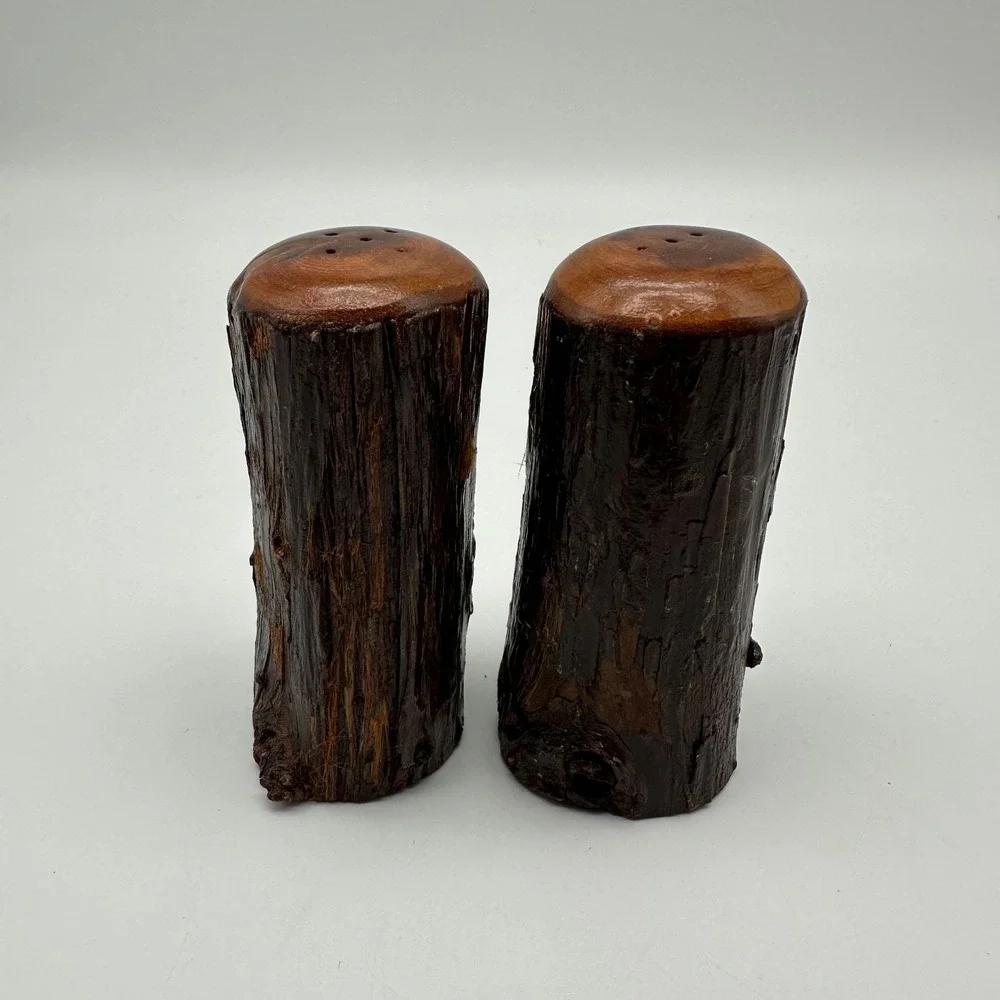 Vintage Wood Tree Branch Bark Salt‎ & Peppers Shakers